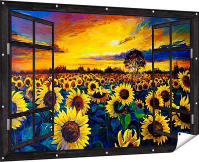 Gards Tuinposter Doorkijk Getekende Zonnebloemen Veld met Olieverf - 180x120 cm - Tuindoek - Tuindecoratie - Wanddecoratie buiten - Tuinschilderij