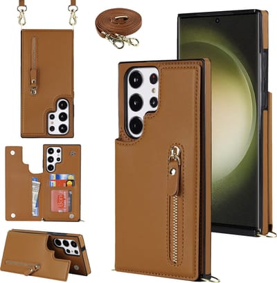 Casemania Hoesje Geschikt voor Samsung Galaxy S24 Ultra - Bruin - Luxe Back Cover met Koord & Rits - Wallet Case met Pasjeshouder - Lanyard Telefoonhoes - Cord Case