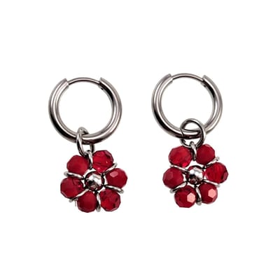 ∅14mm x 2mm Oorringen Dames - Gepolijst RVS - Bordeauxrood Gefacetteerde Kristallen Bloem Hanger - Bungelende Oorbellen
