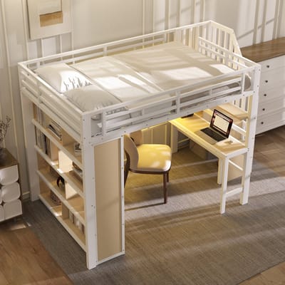 MODENUIT Hoogslaper 140x200 cm – Bureau en Opbergplanken – Led-verlichting – Trap met Opbergruimte – Zonder matras – Wit