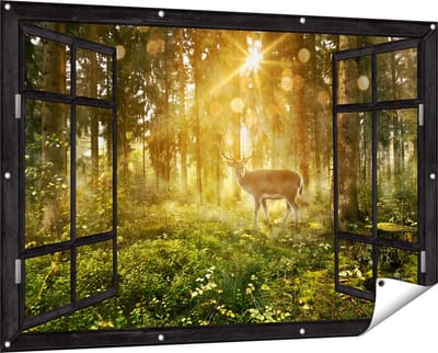 Gards Tuinposter Doorkijk Hert in Bos met Zon - 150x100 cm - Tuindoek - Tuindecoratie - Wanddecoratie buiten - Tuinschilderij