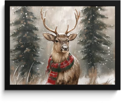 Poster in lijst - Fotolijst 40x30 cm - Posters - Winter - Bos - Rendier - Donker - Posterlijst zwart - Decoratie - Wanddecoratie woonkamer - Muurdecoratie slaapkamer