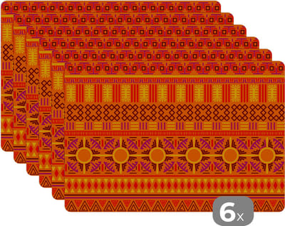 Placemat - Placemats kunststof - Patronen - Oranje - Zon - 45x30 cm - 6 stuks - Hittebestendig - Anti-Slip - Onderlegger - Afneembaar