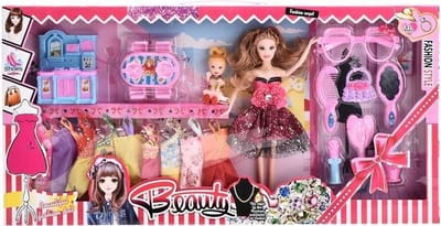 Modepop met 10 jurken poppenmeubeltjes en beauty set verpakking 65x33x6