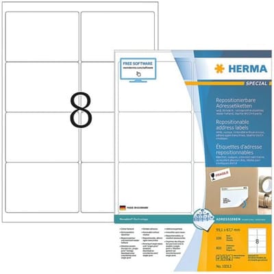 Herma adresetiketten Speciaal Nr. 10312, 99,1 x 67,7 mm, zelfklevend, verwijderbaar, bedrukbaar, wit, 800 stuks op 100 vellen