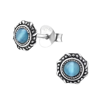 Aramat Jewels | Oorbellen | Zilveren Cats Eye Oorbellen kattenoogsteen | Blauw | |6mm | Zilver | Kinderen, Volwassenen | Verkleurd niet