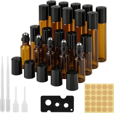 Set van 20 Lege Glazen Flessen 5/10 ml met Bruine Olie en RVS Ballen voor Essentiële Olie, Parfum en Cosmetica