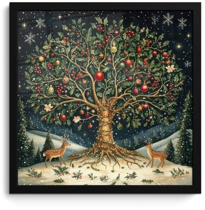 Poster in lijst - Fotolijst 40x40 cm - Posters - Feestboom - Winterhemel - Kleurrijk - Posterlijst zwart - Decoratie - Wanddecoratie woonkamer - Muurdecoratie slaapkamer - Kerstversiering - Kerstdecoratie voor binnen - Kerstmis