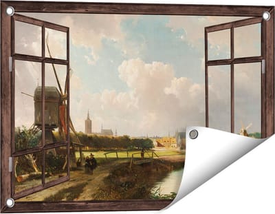 Gards Tuinposter Doorkijk Gezicht op Den Haag vanaf de Delftse Vaart in de Zeventiende Eeuw - Cornelis Springer - 60x40 cm - Tuindoek - Tuindecoratie - Wanddecoratie buiten - Tuinschilderij