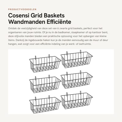 Dailygoods- Opbergmand - 6 Stuks - Met Haken - 23 x 10 x 7,5 cm - Zwart Metaal - Wandbevestiging - Efficiënte Ruimtebesparing