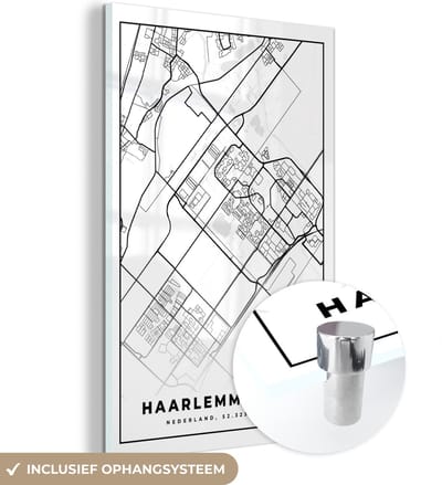 MuchoWow® Glasschilderij 40x60 cm - Schilderij acrylglas - Kaart - Haarlemmermeer - Zwart - Wit - Foto op glas - Schilderijen
