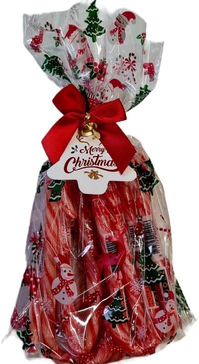 12 candy-canes in lux zakje met kaartje, strik en belletje kerstsnoep kerst-zuurstokken