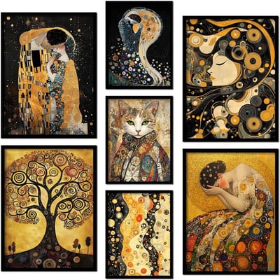 Set Posters - Wanddecoratie Kunst - Woonkamer Inrichten - Set van Zeven - 100x100cm - Klimt Stijl