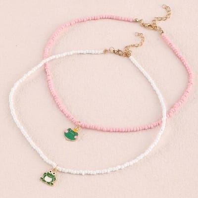 Collier bohème avec pendentif grenouille en perles fait à la main pour femmes, mignon, blanc, rose, ras du cou, bijoux de plage d'été beige