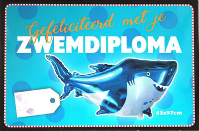 Folieballon Gefeliciteerd Met Je Zwemdiploma - Folie Ballon - Haai - 63X97cm - Met Kadolabel - 1 Stuks