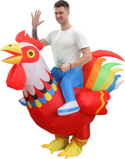KIMU® Opblaas Kostuum Zittend op Kip Rood Regenboog - Opblaasbaar Pak - Kippenpak Mascotte Opblaaspak - Opblaasbare Haan Dames Heren Festival