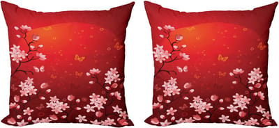 ABAKUHAUS rode sierkussens, kussenslop 2-pack, abstracte zonsondergang en sakura, 40x40 cm, koraaloranje rood