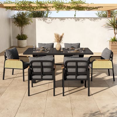 STILVORA Tuinmeubelset 6 Personen 148 X 80 X 75 Cm - Tafel Met 6 Stoelen Met Kussens - Voor Terras En Balkon - IJzer Polyester - Zwart Naturel