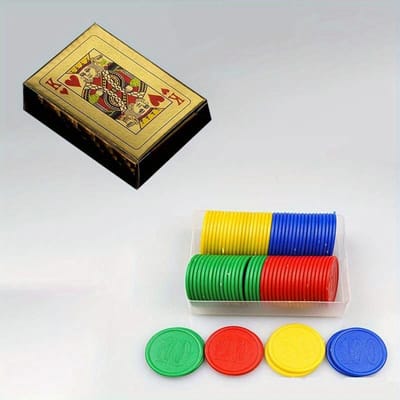 Un jeu de cartes à jouer et un ensemble de 50 accessoires pour jeu de table ronde, mini cartes à jouer dorées, poker en PVC lavable, ensemble de jeu de table pour fête Pack of 2