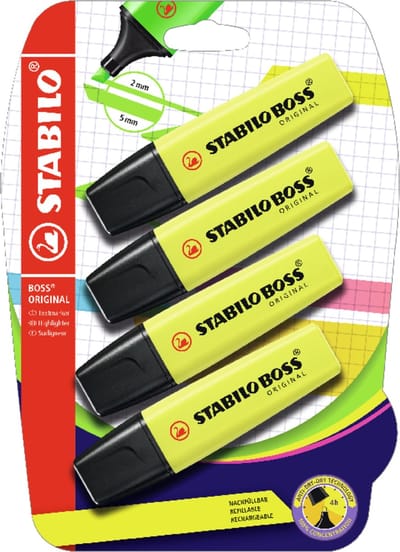 STABILO BOSS ORIGINAL - Markeerstift - Hoogste Kwaliteit - Blister Met 4 Stuks Geel