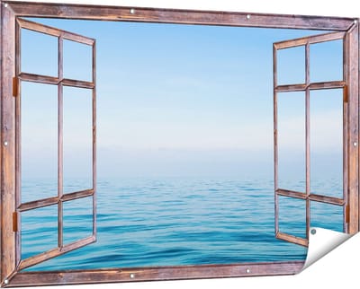 Gards Tuinposter Doorkijk Zee met een Blauw Hemel Achtergrond - 150x100 cm - Tuindoek - Tuindecoratie - Wanddecoratie buiten - Tuinschilderij