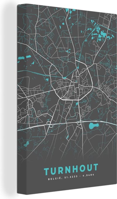 Canvas Schilderij België – Turnhout – Stadskaart – Kaart – Blauw – Plattegrond - 20x30 cm - Wanddecoratie