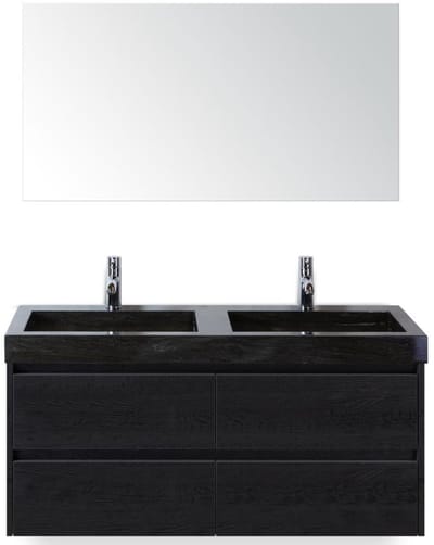 Dante Badmeubelset 120 cm - Black Oak - Wastafel Hardsteen Wit Lucca Dubbel met Spiegel