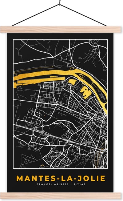Posterhanger incl. Poster 40x60 cm - Schoolplaat - Frankrijk - Mantes-la-Jolie - Stadskaart - Kaart - Plattegrond - Textielposter - Blanke latten - Stadskaart