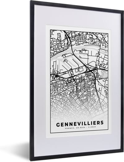 Fotolijst incl. Poster Zwart Wit- Stadskaart - Frankrijk - Kaart - Plattegrond - Gennevilliers - Zwart wit - 40x60 cm - Posterlijst