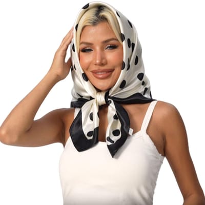 Dailygoods - Dames zwart wit gestippelde satijnen zijden doek - vierkant polyester zoals zijde, haardoek dames om te binden, elegante halsdoek sjaal voor haar, hals, handtas of outfit accessoire 90 x 90 cm