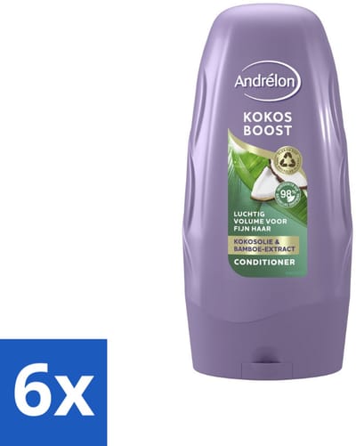 6 x Andrélon - Kokos Boost - Conditioner - Intensieve Voeding - 250 ml - Fijn Haar - Volume - Voeding - Kokosolie - Bamboe-extract