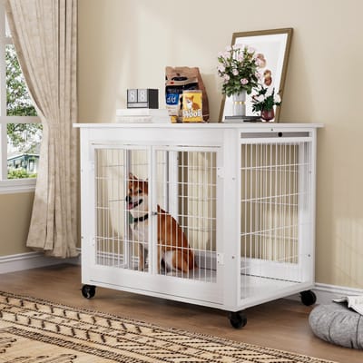 Hondenbench Meubel - Houten Binnenkennel - Dubbele Deuren - Klapdak En Wielen - Verrijdbaar - Woonkamer Bijzettafel - 80x56x69,5 cm - Wit