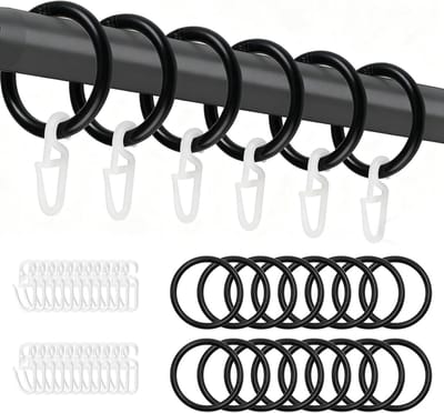 Set van 100 Gordijnringen en Plastic Gordijnhaakjes, Geschikt voor 28mm Binnenmaat, Ideaal voor Raamdecoratie en Douchegordijnen, Zwart