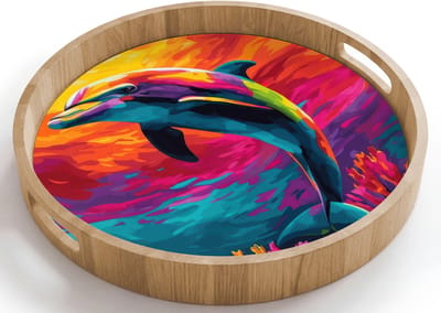 Dienblad rond 40x40 cm - Schootdienblad hout - Dolfijn - Kleurrijk - Oceaan - Koraal - Borrelplank rechthoek - Plateau houten dienbladen