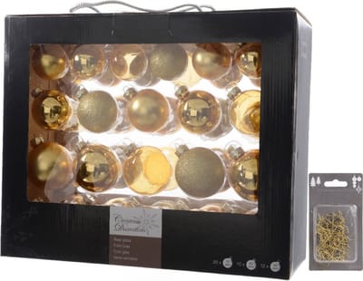 Kerstversiering glazen kerstballen pakket 5-6-7 cm champagne mix 42x stuks met champagnekleurige haakjes