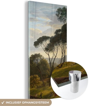 MuchoWow® Glasschilderij 20x40 cm - Schilderij acrylglas - Italiaans landschap met parasoldennen - Schilderij van Hendrik Voogd - Foto op glas - Schilderijen