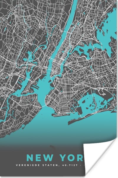 Poster New York - Stadskaart - Blauw - Plattegrond - Kaart - 120x180 cm XXL