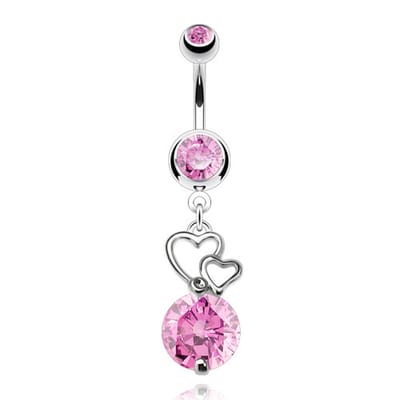 Navelpiercing hanger met CZ hartjes - zilver roze - LMPiercings