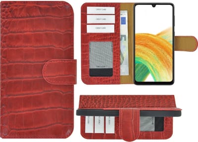 Hoesje Echt Leer Geschikt voor Samsung Galaxy A17 - Bookcase - Samsung A17 Wallet Book Case Echt Leer Croco Rood Cover