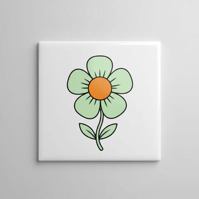 Minimalistische Bloem Keramische Tegel 15x15 cm – Schattige Mintgroen-Oranje Lijntekening | Moderne Woondecoratie Cadeau