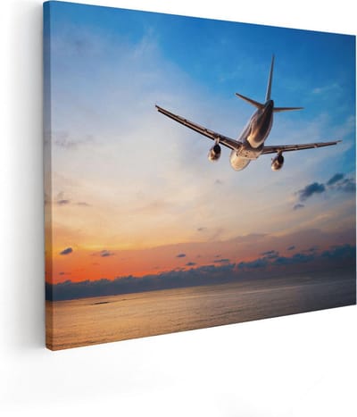 Artaza Canvas Schilderij Zeezicht Zonsondergang - 50x40 cm - Muurdecoratie Vliegtuig - Wanddecoratie Strand - Kamer Accessoires
