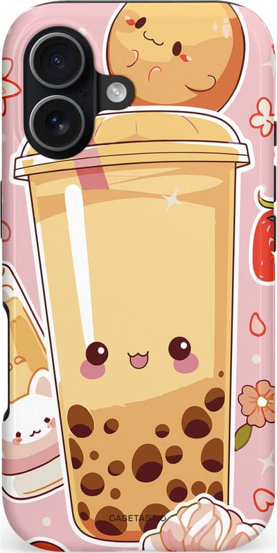 Casetastic hoesje geschikt voor Apple iPhone 17 - MagSafe - Dubbellaagse bescherming - Kawaii Thee Design - Bubble Tea - Fashion Case - Lichtroze Beige Perzik Lichtgrijs