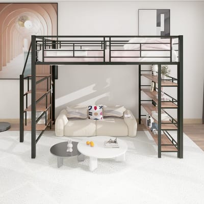 VVBV Ruimtebesparende Hoogslaper 140x200 cm met Voor Kinderen/Tieners, Uitvalbeveiliging - Trap/Ladder, Planken - Zwart