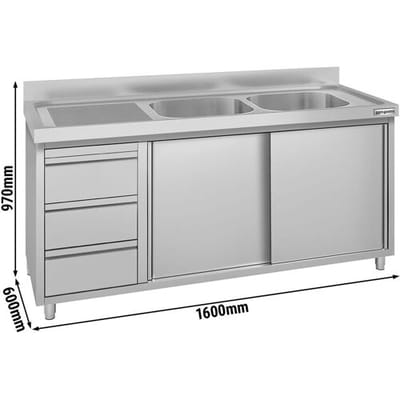 GGM Gastro Spülschrank ECO - 1600x600mm - mit 3 Schubladen & 2 Becken rechts