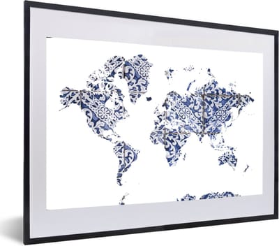 Poster in lijst - Fotolijst 60x40 cm - Posters - Wereldkaart - Delfts Blauw - Wit - Posterlijst zwart - Decoratie - Wanddecoratie woonkamer - Muurdecoratie slaapkamer