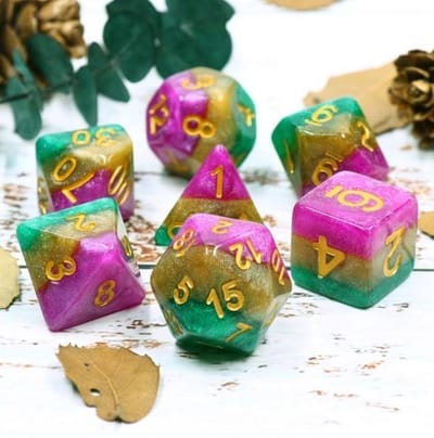 Polyset Dice | Dobbelstenen - Set Van 7 Stuks - Roze Geel Groen Glitters Goud Marmer | Voor D&D en Andere Rollenspellen | Plastic Dobbelstenen Set voor Dungeons and Dragons | Polyhedral Dice Set | Met Mooie Zwarte Velvet Dice Bag voor Ongeveer 3 Sets