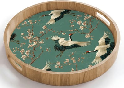Dienblad rond 40x40 cm - Schootdienblad hout - Kersenbloesem - Kraamvogels - Groen - Borrelplank rechthoek - Plateau houten dienbladen