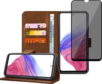 Geschikt voor Samsung A53 5G Book Case Hoesje - Privacy Screenprotector - Flip Portemonnee Bruin met Privé Gehard Glas Cover