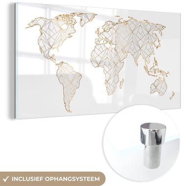 ® Glasschilderij 120x60 cm - Schilderij acrylglas - Wereldkaart - Lijn - Goud - Foto op glas - Muurdecoratie woonkamer - Wanddecoratie slaapkamer - Schilderijen