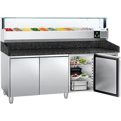 GGM Gastro Pizzakühltisch PREMIUM - 2000x800mm - mit 3 Türen - inkl. Kühlaufsatzvitrine LED - 10x GN 1/4 Zilver